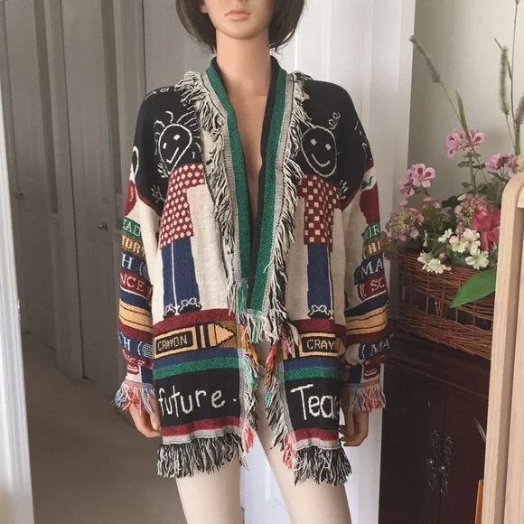 NWOT Lindy Dodds Artwear Fringe Knit Cardigan Jacket Teacher Theme - Picture 3 of 12